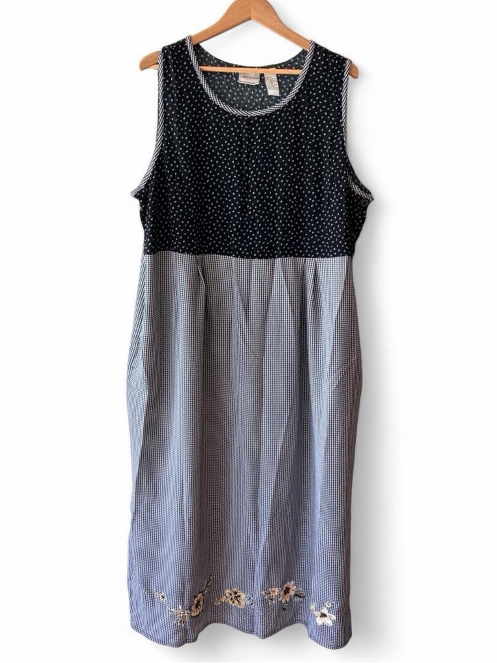 Vintage 90s gingham embroidered floral babydoll pinafore oversized maxi dress 2X